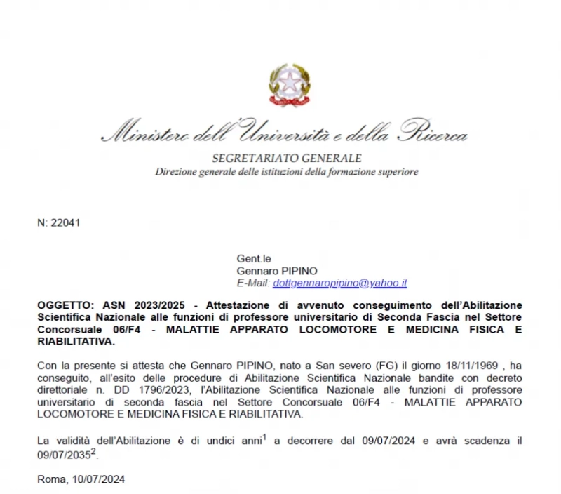 Nuovo Riconoscimento: Abilitazione Scientifica Nazionale per il Prof. Gennaro Pipino