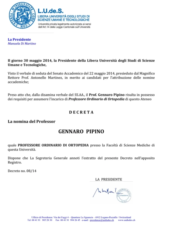 Nuova nomina per il Professor Gennaro Pipino